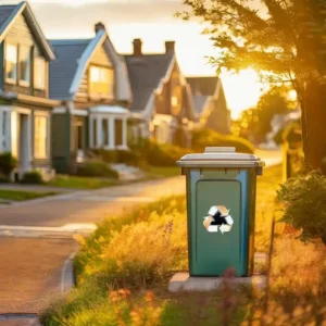 AI generated image of a plastic recycling bin on the curb of a residential street.