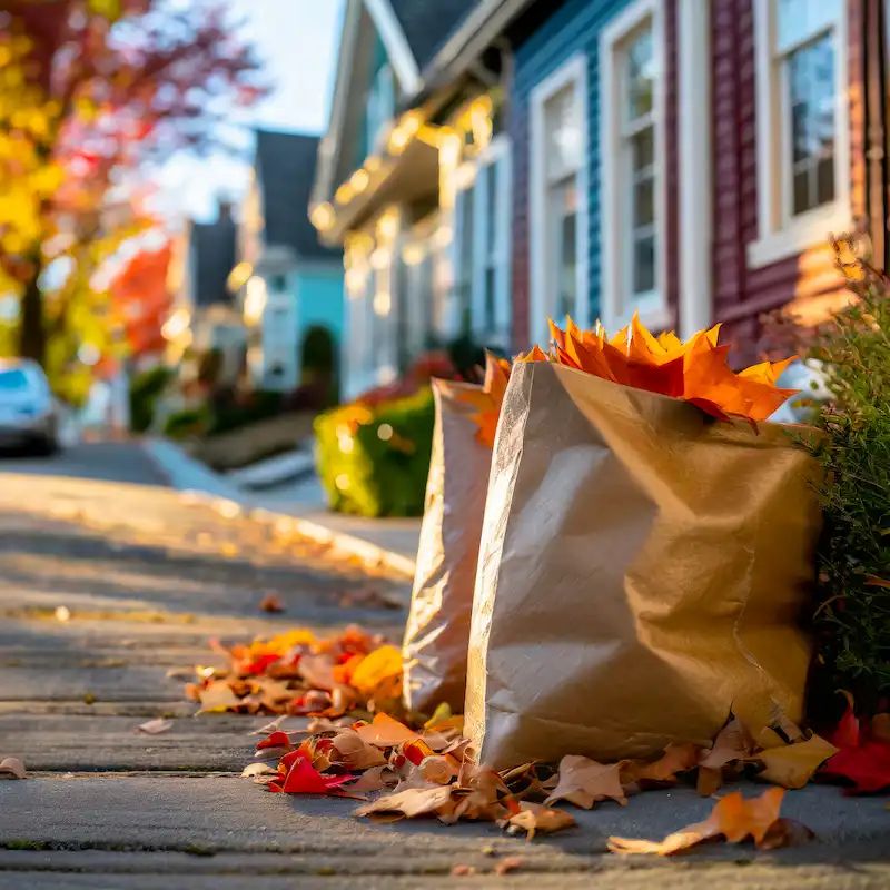 AI generated image of bagged leaves on the curb of a residential street.