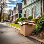 AI generated image of cardboard recycling on the curb of a residential street.