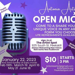 Flyer for Antonia Arts Open Mic featuring an large chrome mic and stars surrounding it.