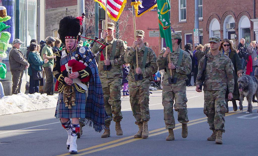 A bag piper leads the Peekskill St. Patrick's Day Parade