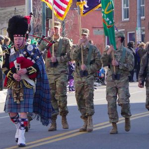 A bag piper leads the Peekskill St. Patrick's Day Parade