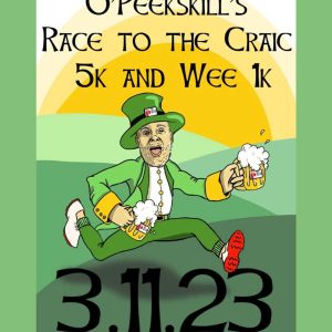 Race to the Craic 5k flyer with an illustrated leprechaun running with beers.