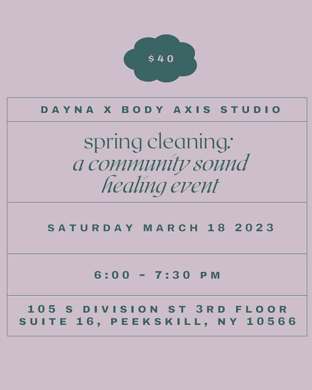 Flyer for "Spring Cleaning: A Community Sound Healing Event"