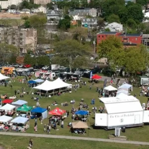 Drone shot of the Cherry Blossom Festival at the Peekskill Riverfront Green Park