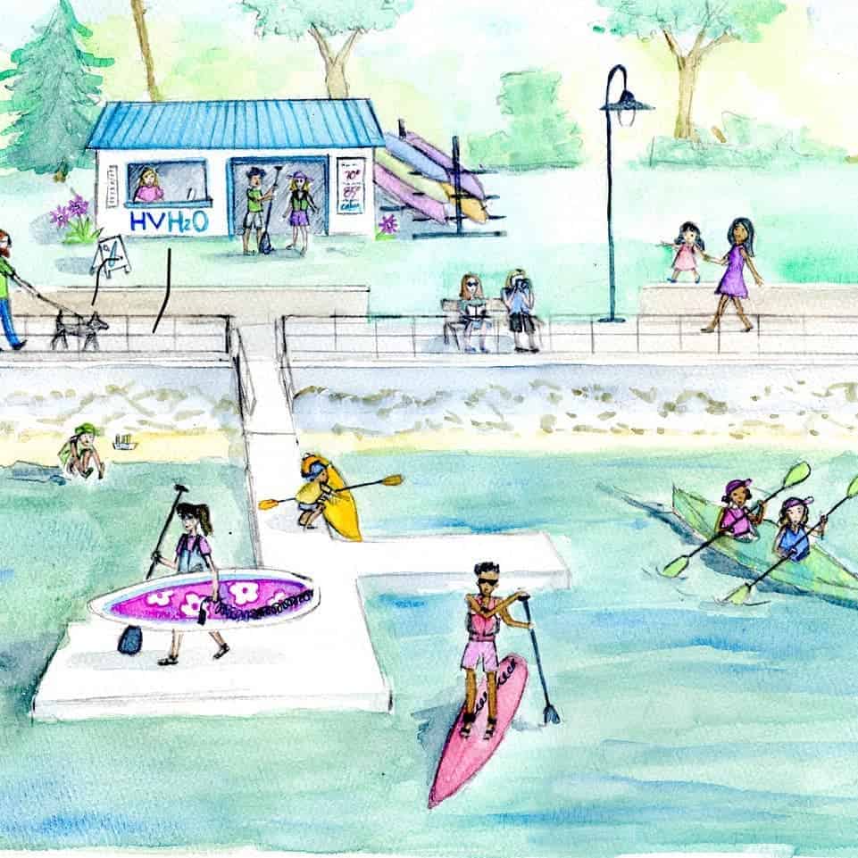 Painting of kayaking at paddleboarding at the riverfront.