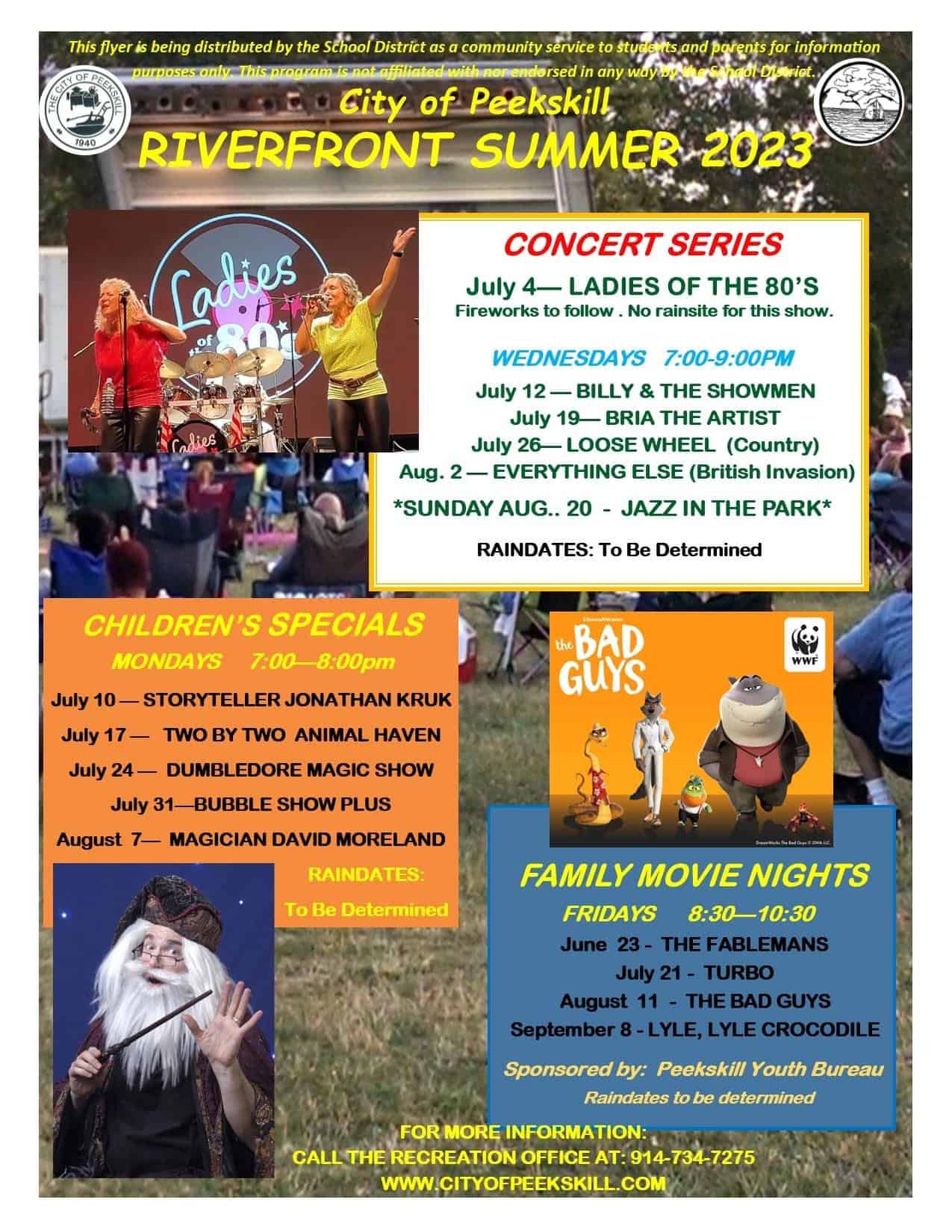 Flier for Riverfront Summer 2023 events from Parks & Rec