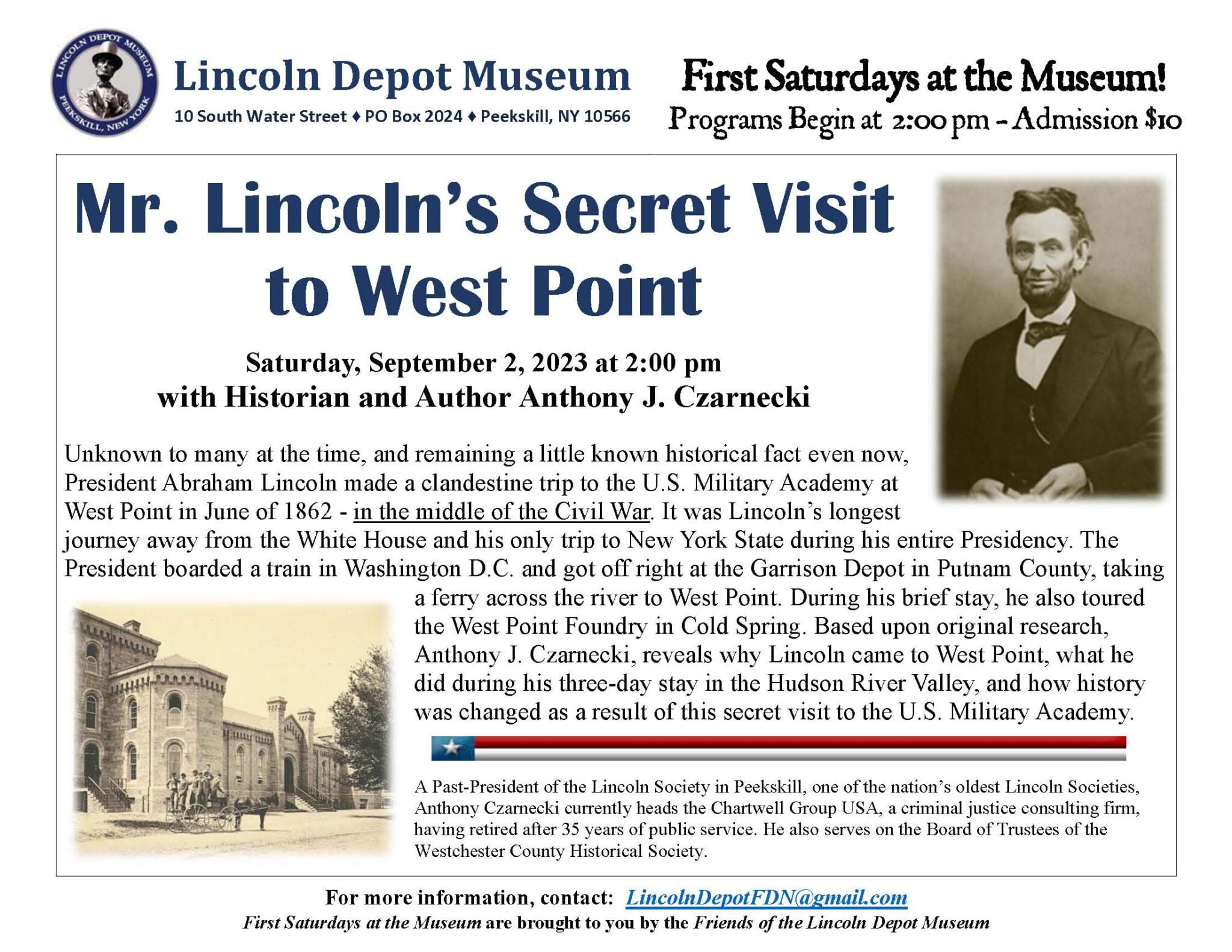 Flier for Lincoln's Secret Visit To West Point at the Lincoln Depot Museum