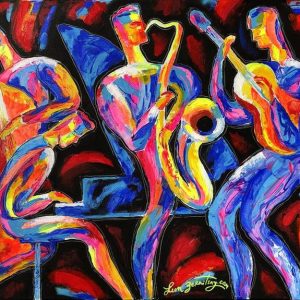 Colorful jazz artwork promoting Music Box Trio at Ramenesque