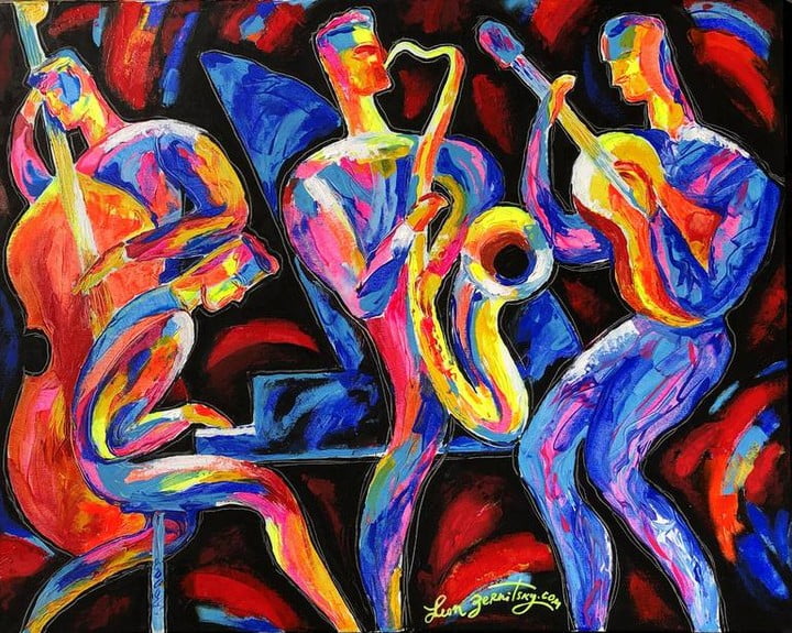 Colorful jazz artwork promoting Music Box Trio at Ramenesque