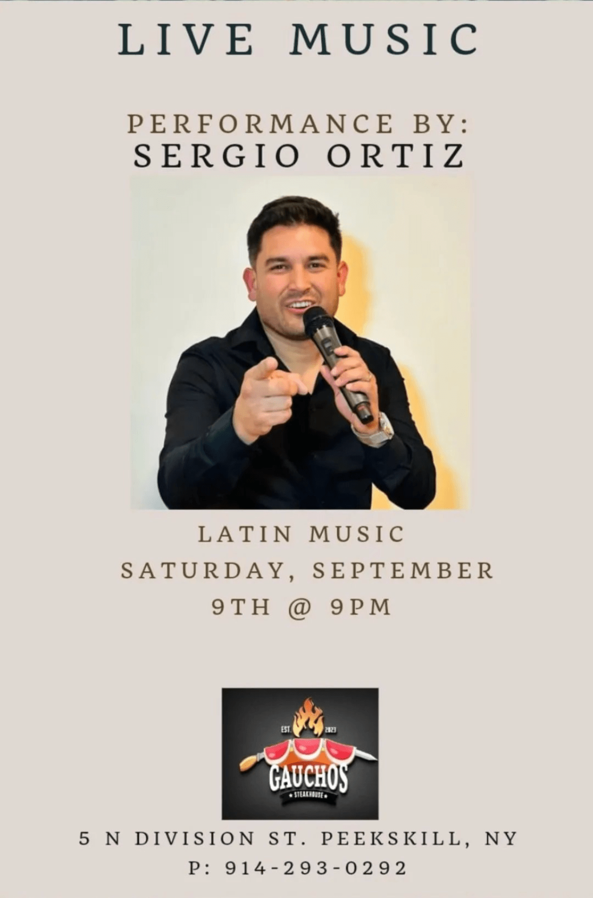 Flier for Sergio Ortiz at Gaucho's Steakhouse