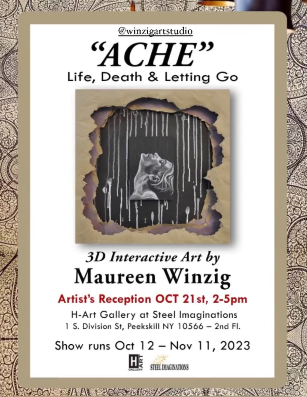 Flier for artist reception for "Ache" by Maureen Winzig