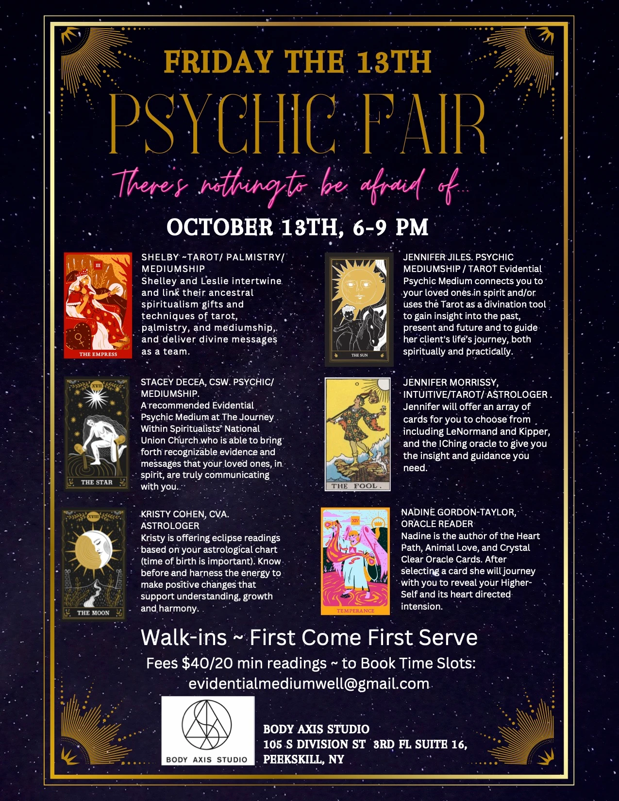 Flyer for Body Axis Friday the 13th Psychic Fair