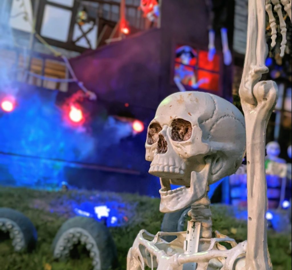 Close-up of a skeleton at an elaborate Peekskill Halloween Display on Riverview Drive