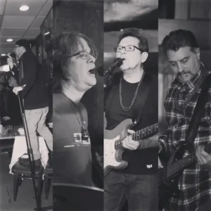 Black and white collage of the band Frankenstein's Baby
