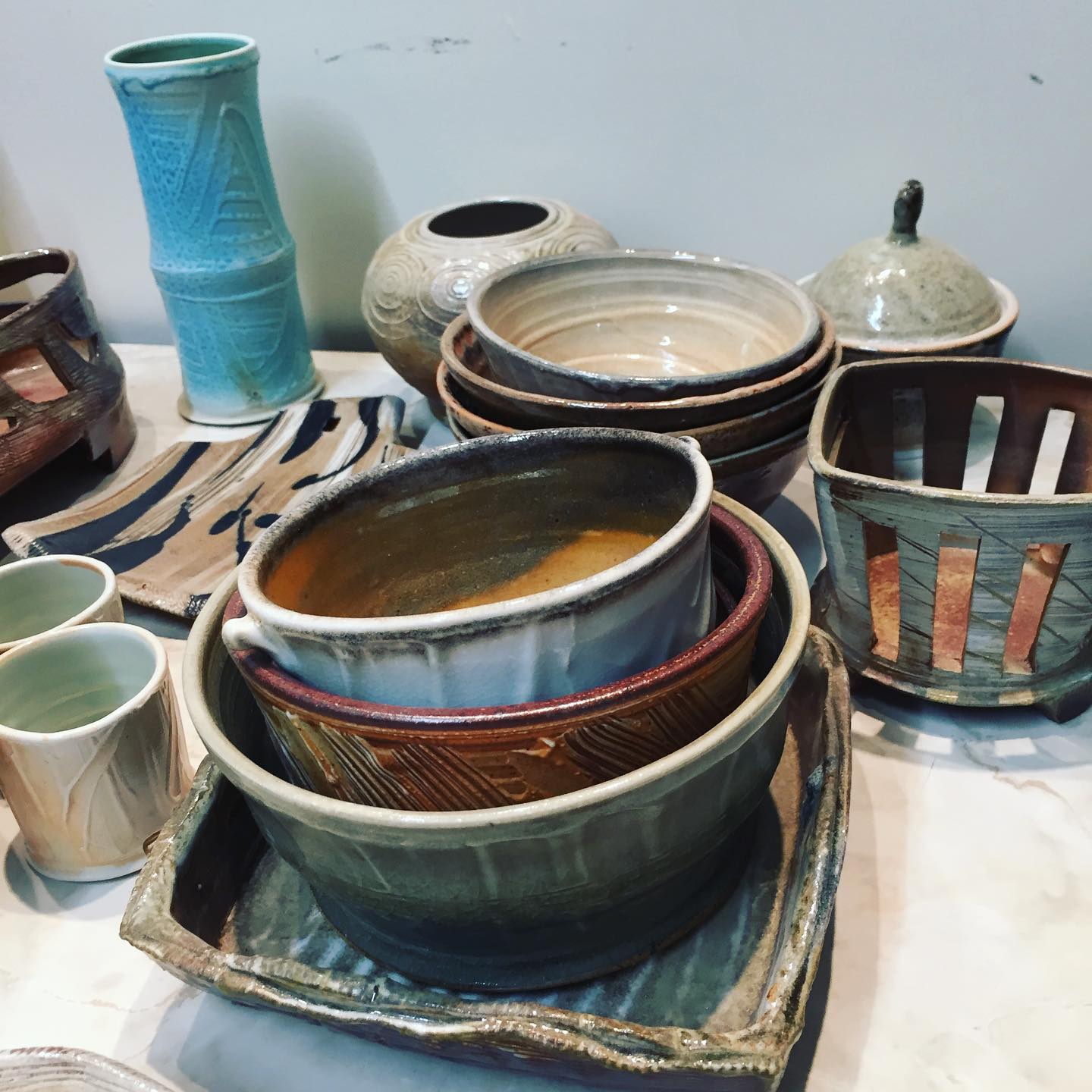 Hand made pottery by the members of Peekskill Clay Studio for sale at the Nearly Perfect Pottery Sale