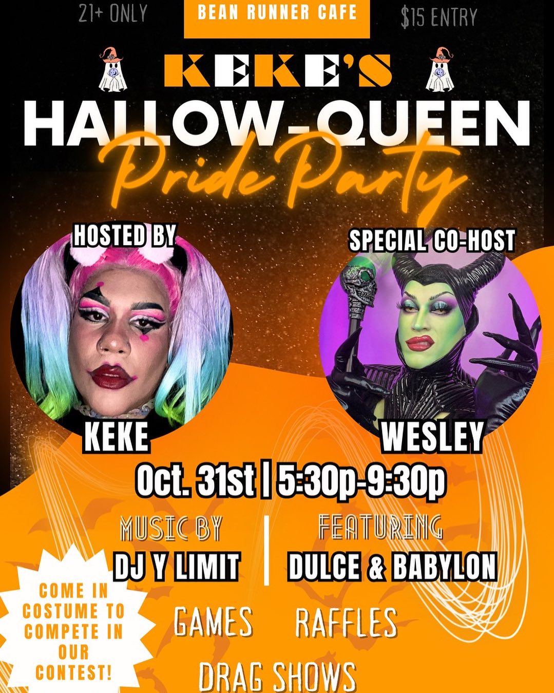 Flier for Keke's Hallow-Queen Pride Party at Bean Runner Cafe