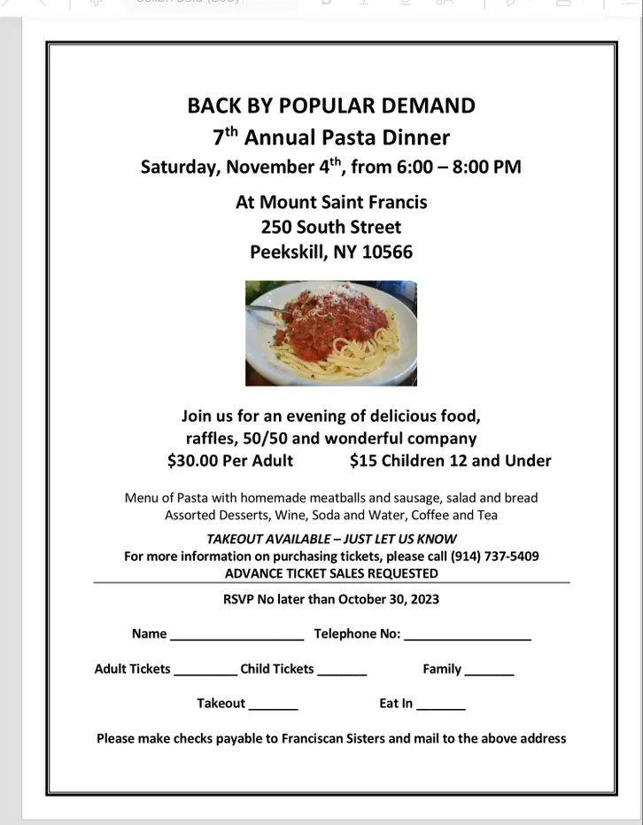 Flier for Franciscan Sisters 7th Annual Pasta Dinner