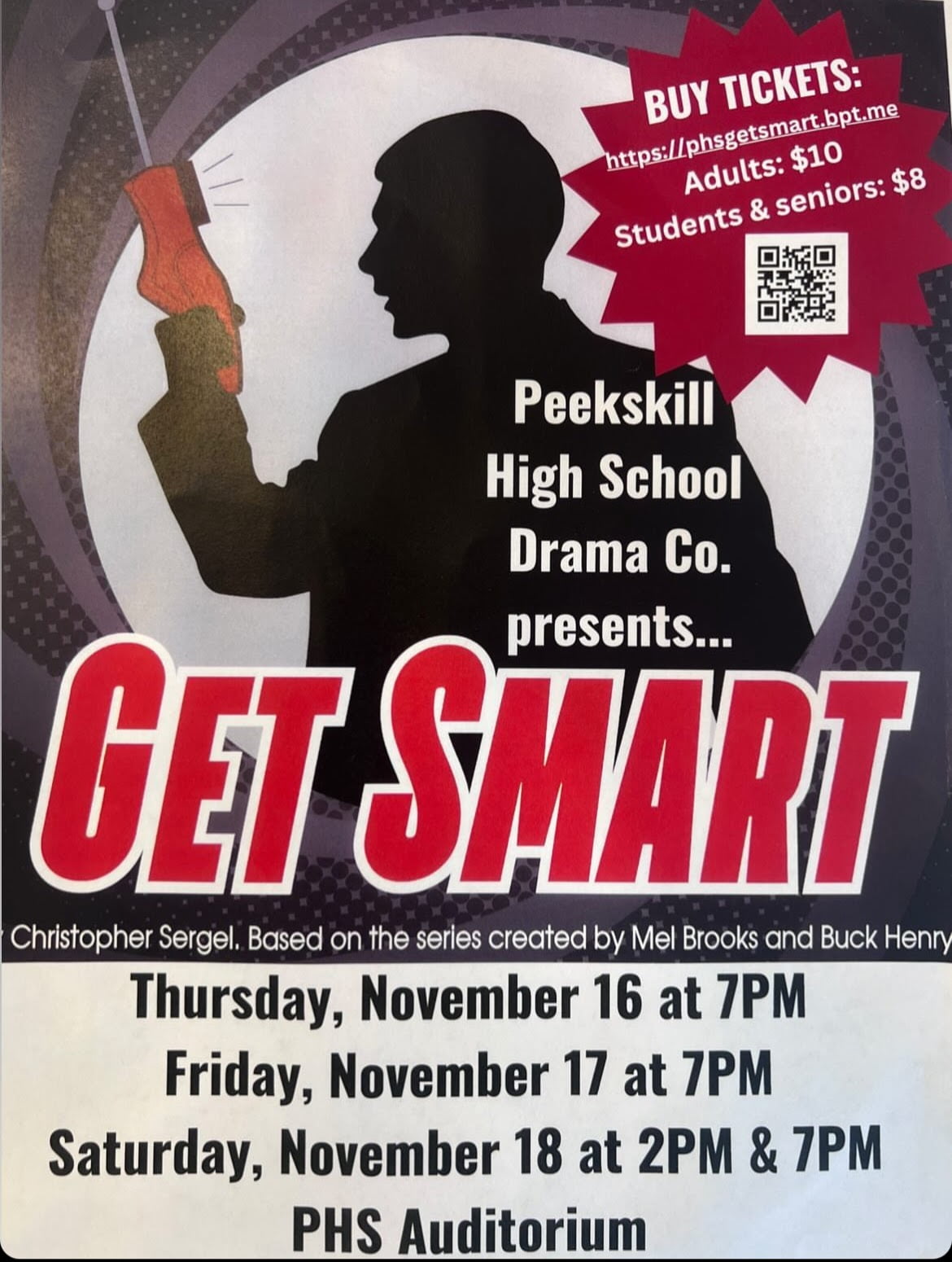 Flyer for "Get Smart" by the Peekskill High Schiik Drama Club