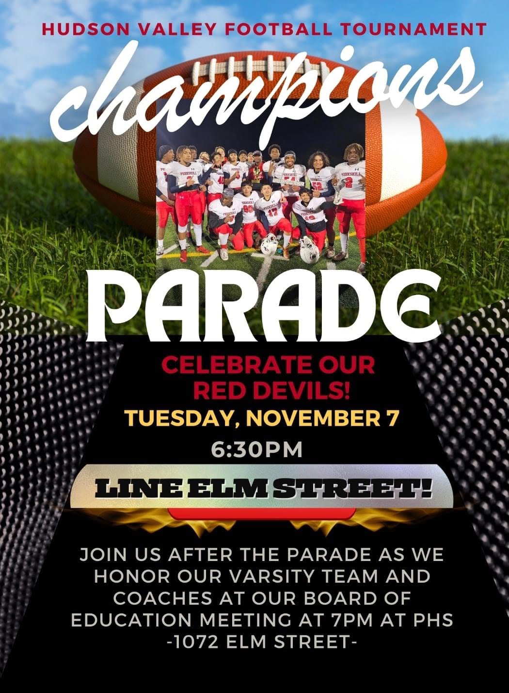 Flyer for Peekskill High School Varsity Football Team Champions Parade