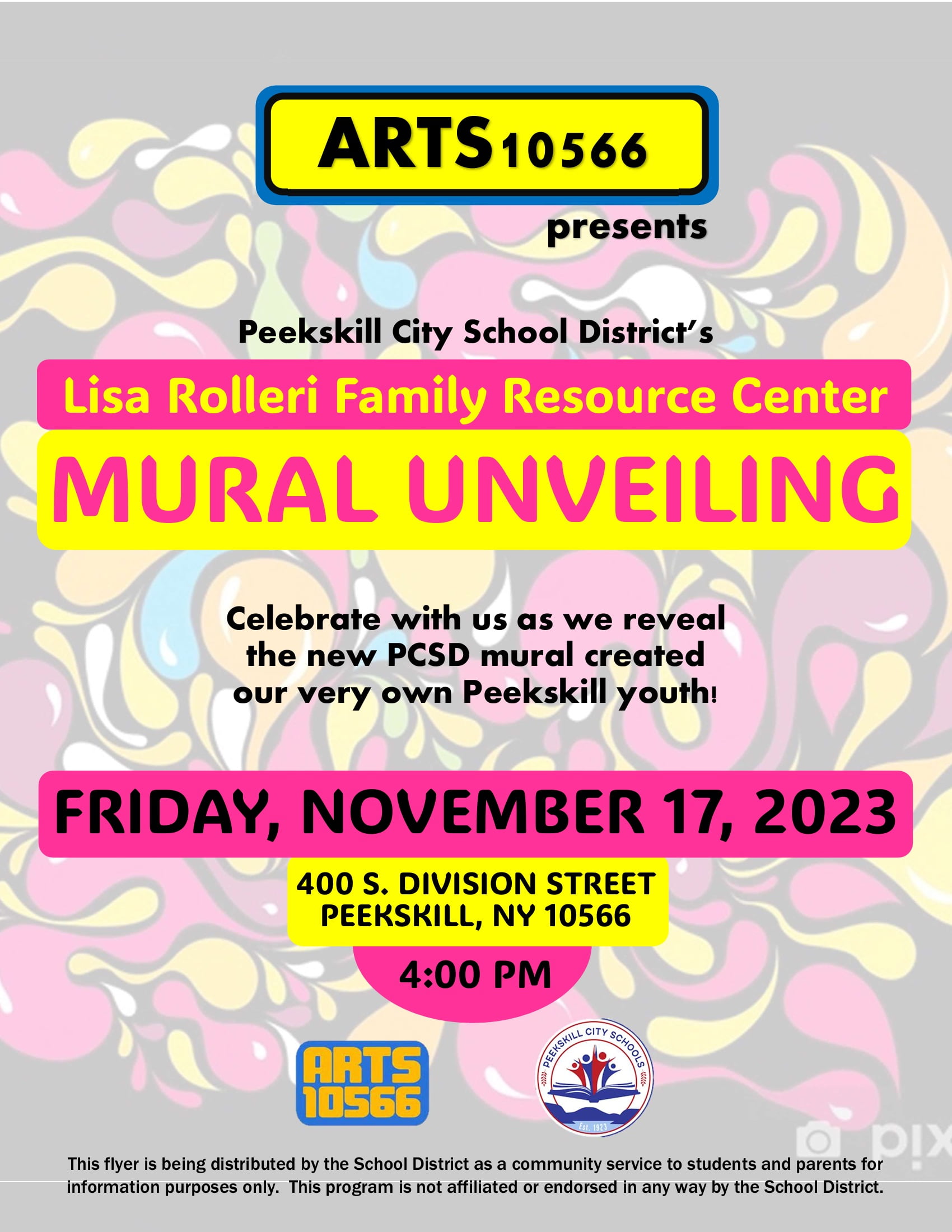 Flyer for Arts 10566 Mural Unveiling