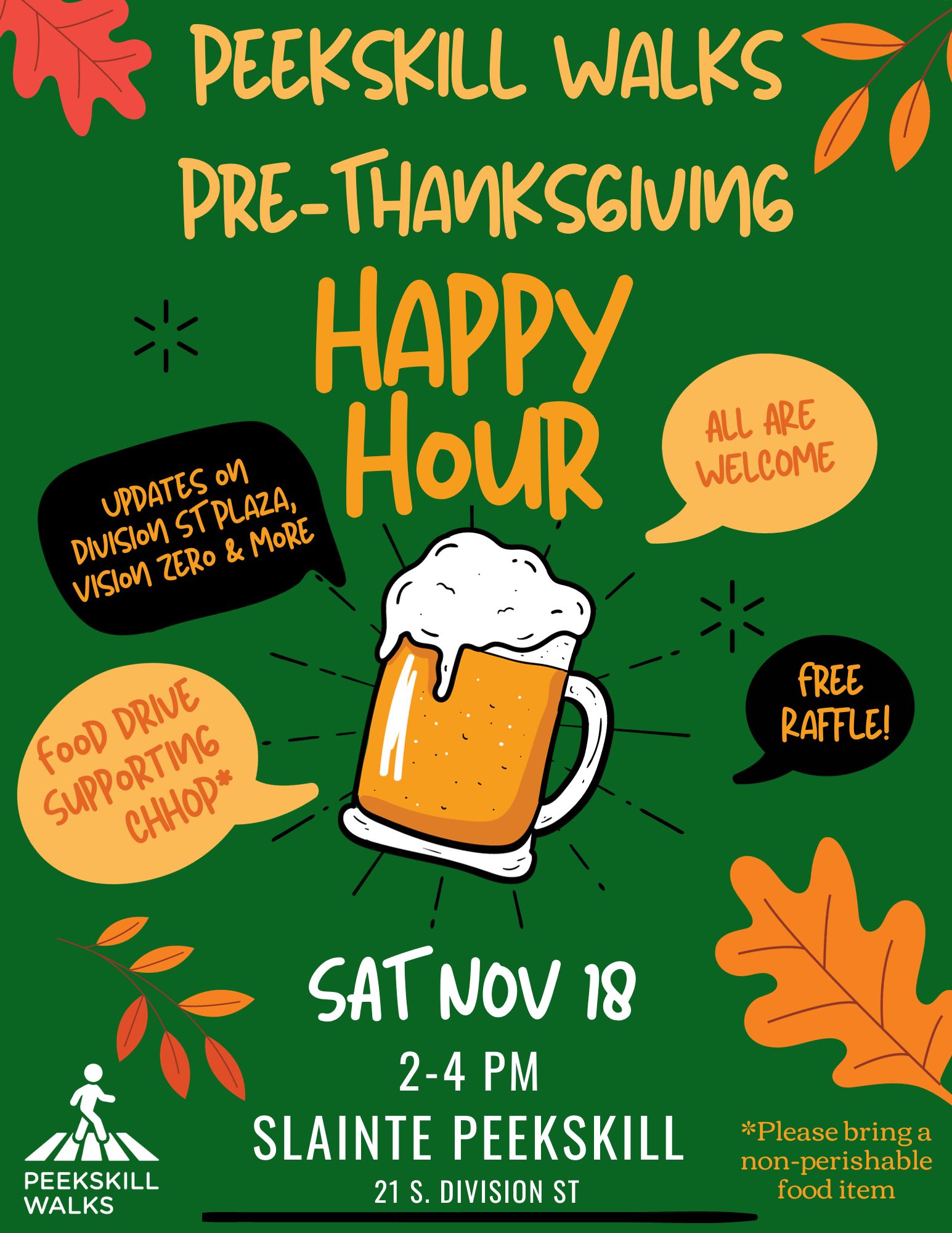 Flyer for Peekskill Walks Pre-Thanksgiving Happy Hour