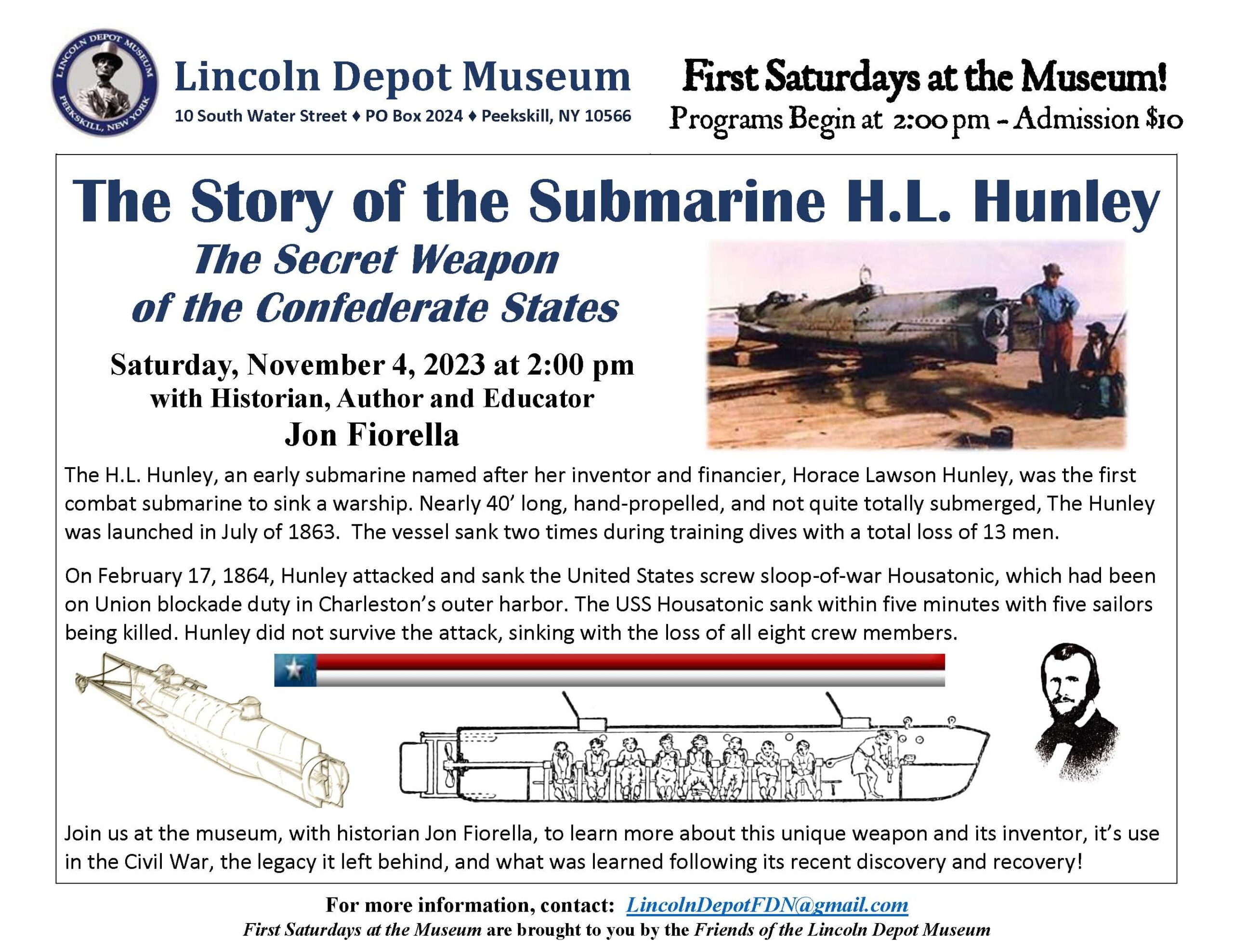 Flier for history talk about Submarine Hunley at Lincoln Museum