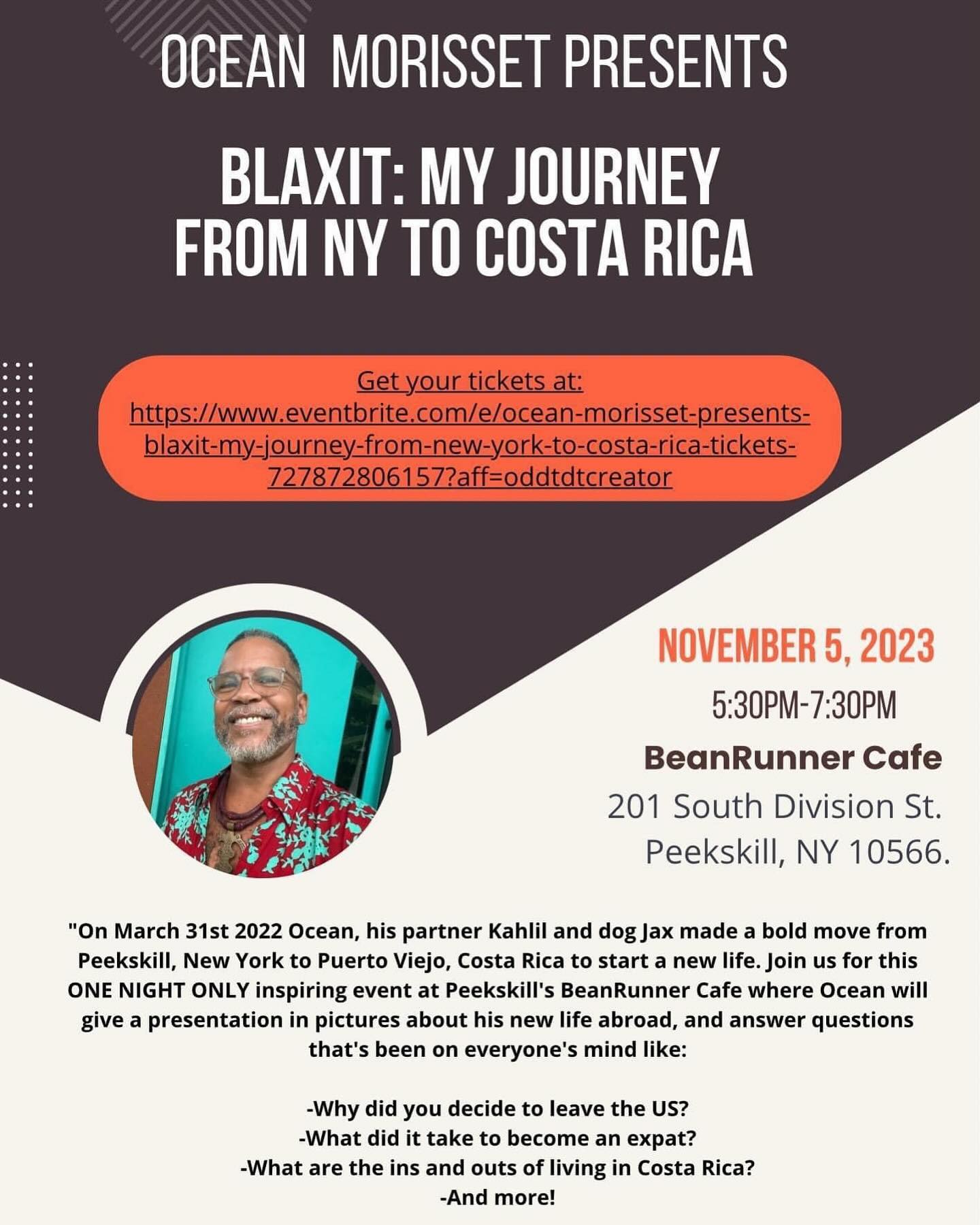 Flier for BLAXIT: My Journey from New York to Costa Rica