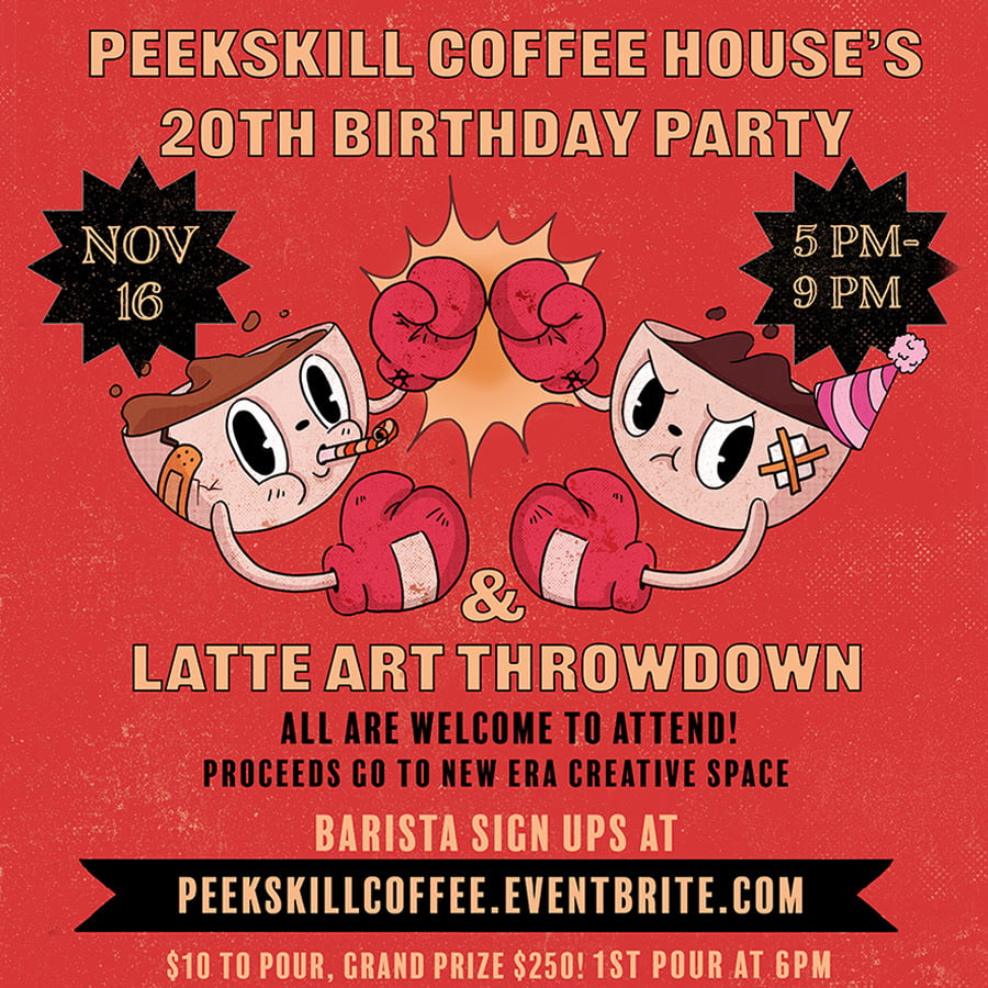 Flyer for Peekskill Coffee House's 20th Birthday Party