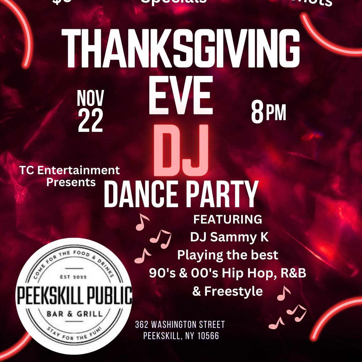 Flier for Peekskill Public Thanksgiving Eve DJ Dance Party