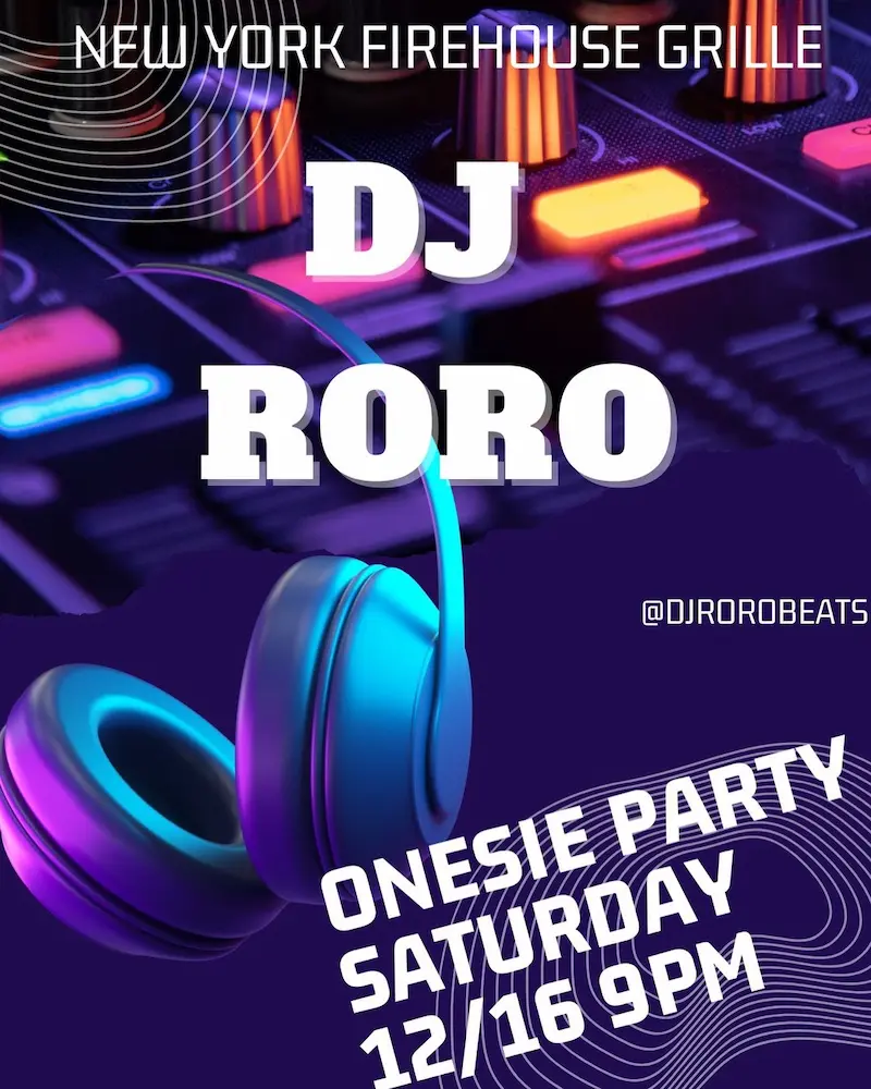 Flier for NY Firehouse Grille Onesie Party with DJ RORO