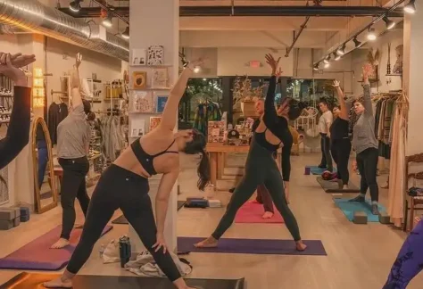 Yoga practice in the shop via Soulaligned x The Lounge House