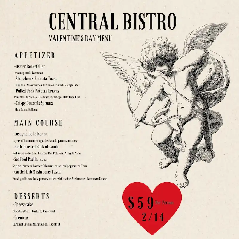 The Central Bistro Valentine's menu