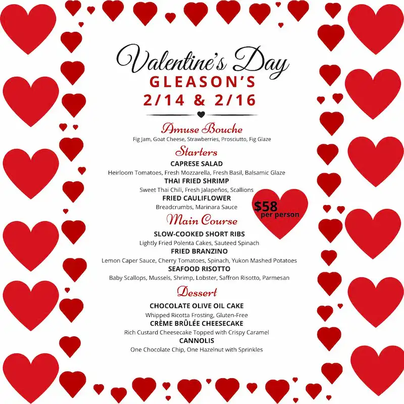 Gleason's Valentine's Day menu