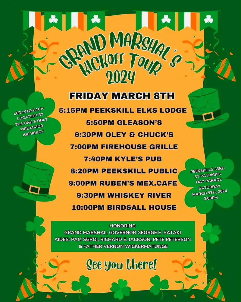 Flier for Peekskill's St. Patrick's Day Grand Marshal's Kickoff Tour