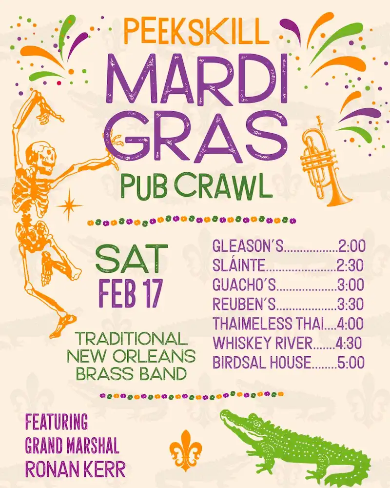 Flier for the Peekskill Mardi Gras Pub Crawl
