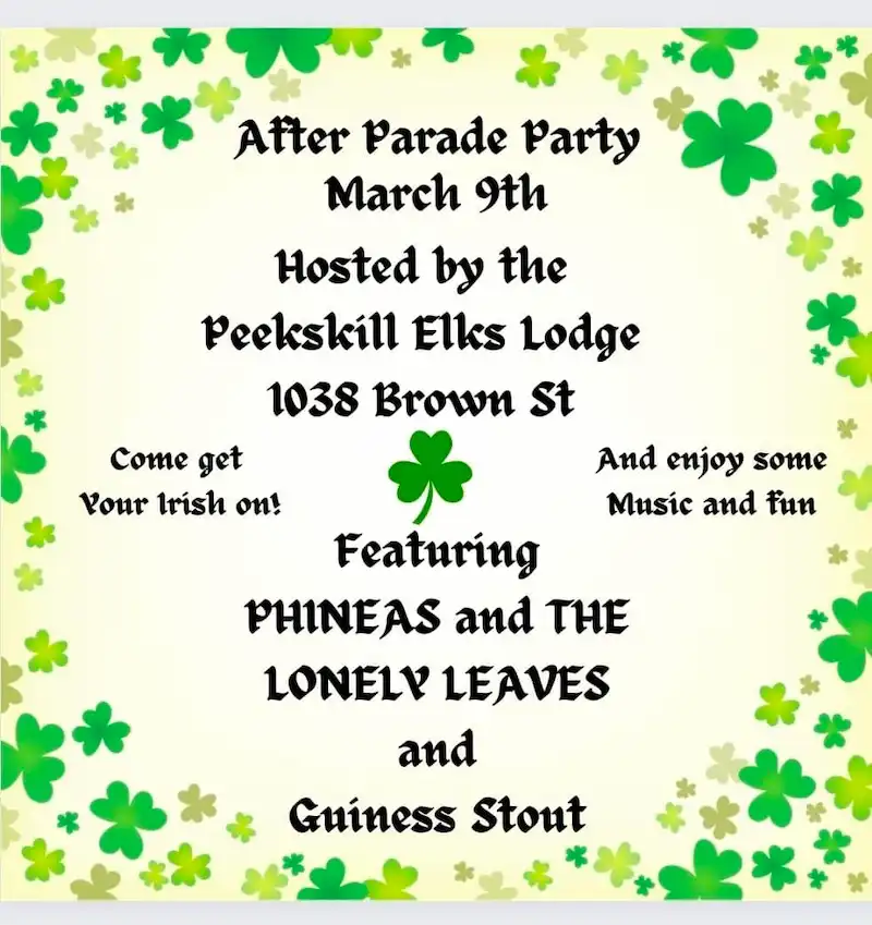 Flier for After Parade Party at The Elks Lodge