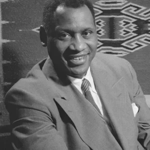 Black and white portrait photograph of Paul Robeson