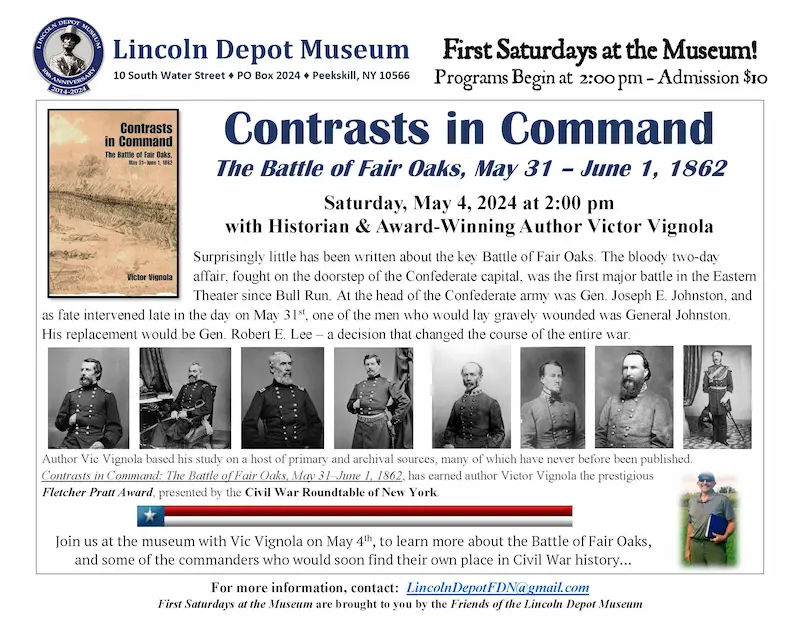 Flier for First Saturdays: Contrasts In Command at The Lincoln Depot Museum