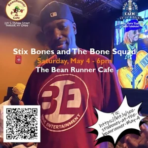 Flier for Stix Bones and The Bone Squad at BeanRunner Cafe