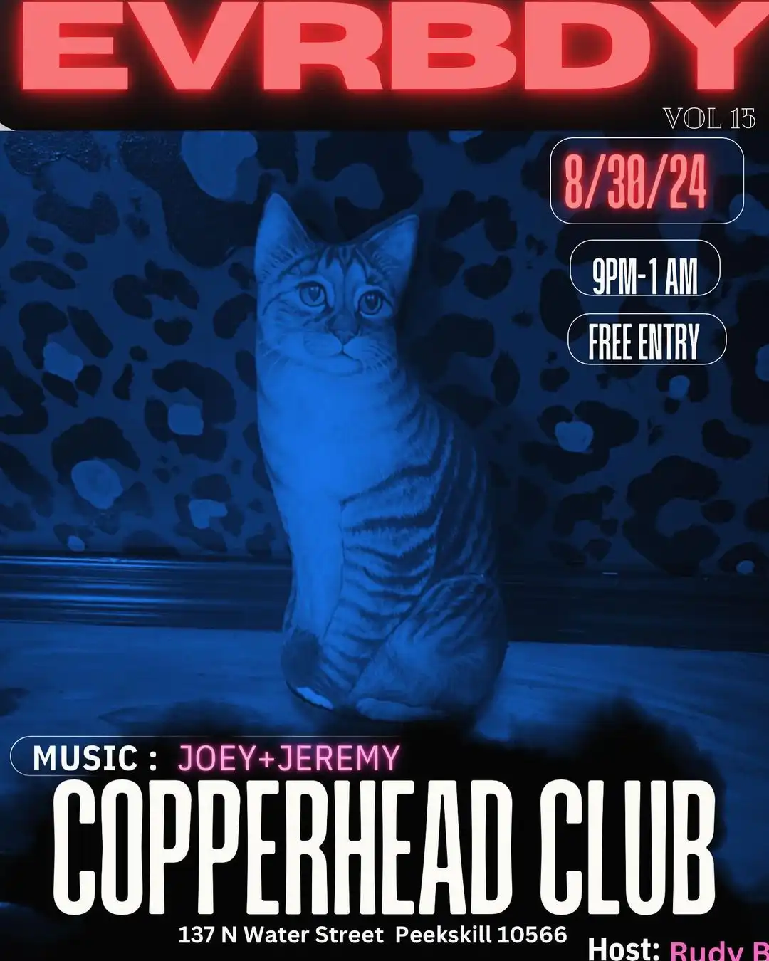 Flier for EVRBDY @ Copperhead Club dance party in Peekskill, NY