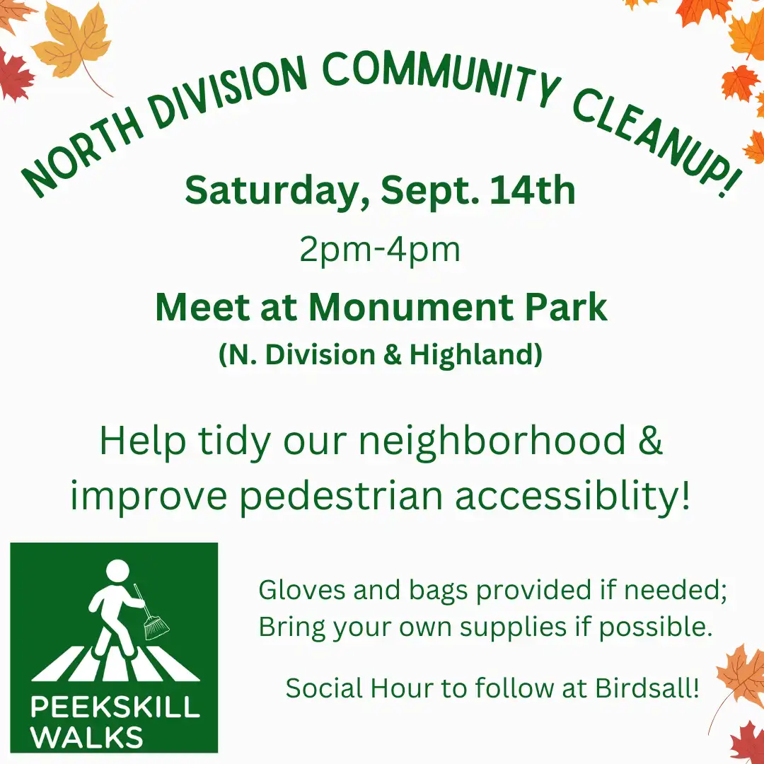 Flier for Peekskill Walks Community Cleanup & Social Hour in Peekskill NY